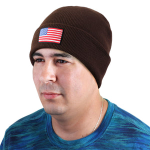 American Flag Embroidered Beanie Hat - Brown